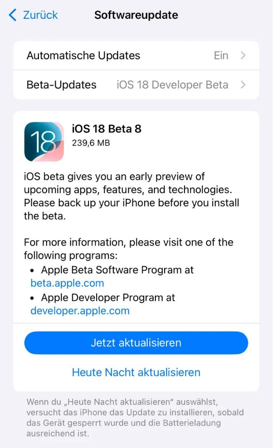 怀来苹果手机维修分享苹果 iOS / iPadOS 18 开发者预览版 Beta 8 发布 